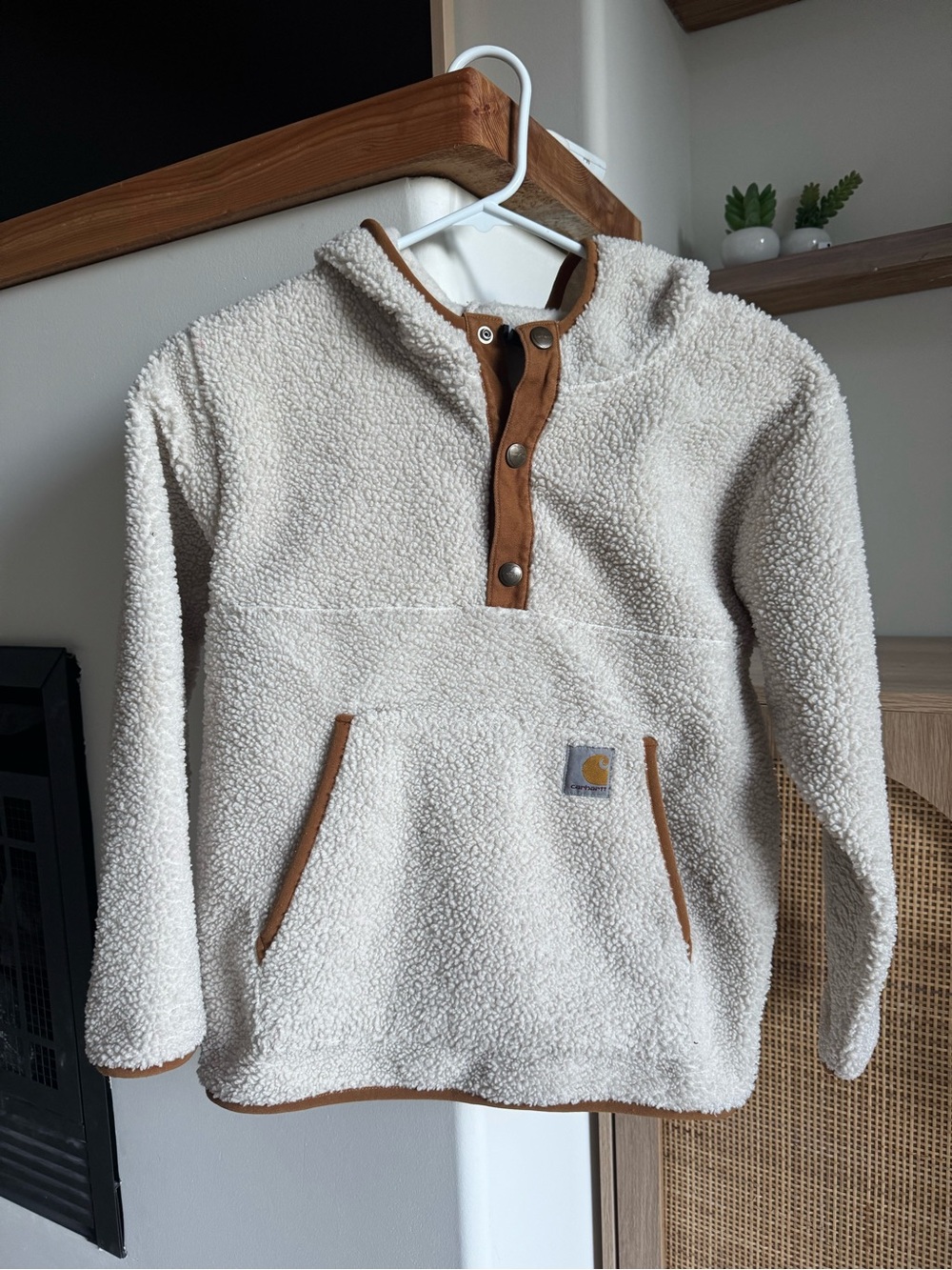 Carhartt Cream Sherpa Zip-Front Pullover with Brown Suede Trim